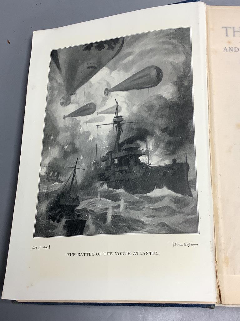 Wells, H.G. – The War in the Air, 1st edition, 16 plates (by A.C. Michael), half title, advert. leaf, publisher’s gilt-lettered and decorated blue cloth, 1908